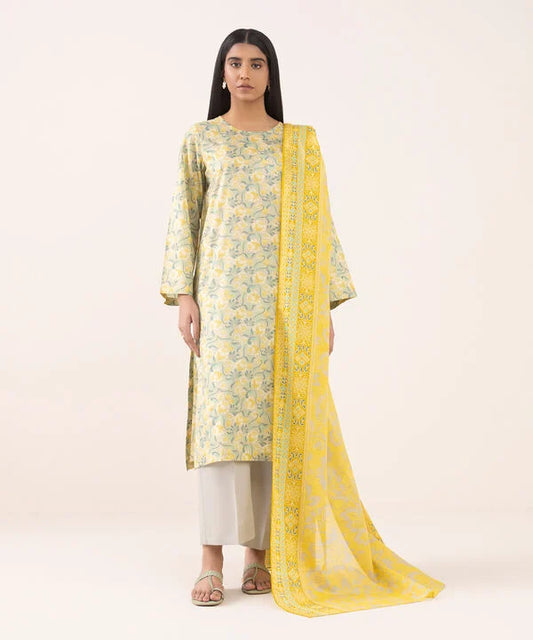 Beige And Yellow 3 PIECE - PRINTED LAWN SUIT - Sapphire