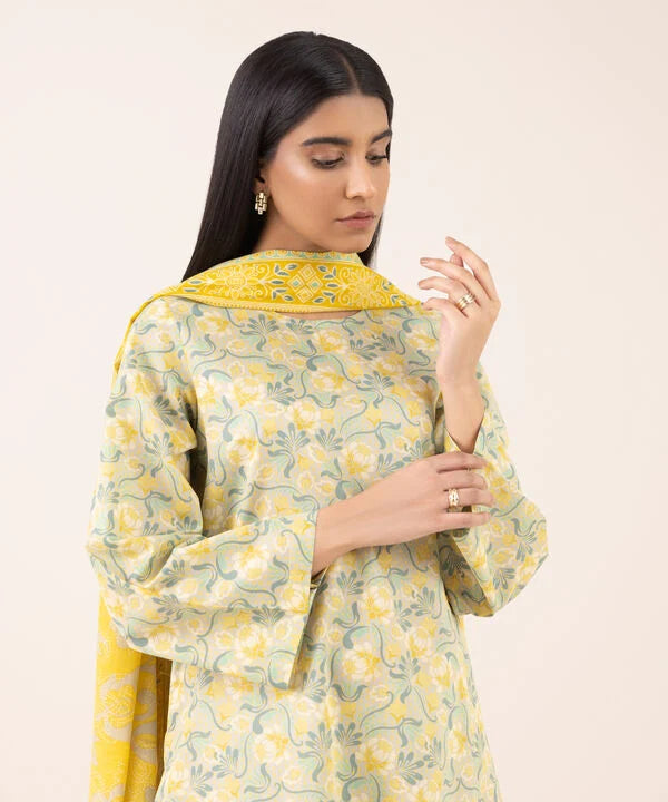Beige And Yellow 3 PIECE - PRINTED LAWN SUIT - Sapphire